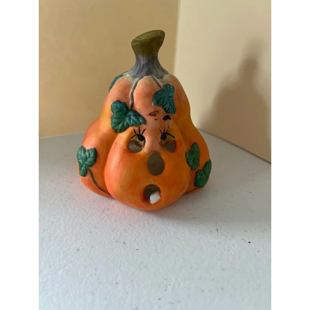 Vintage Ceramic Pumpkin Tea Light Holder Orange Jack O Lantern Fall Decor 4.5in